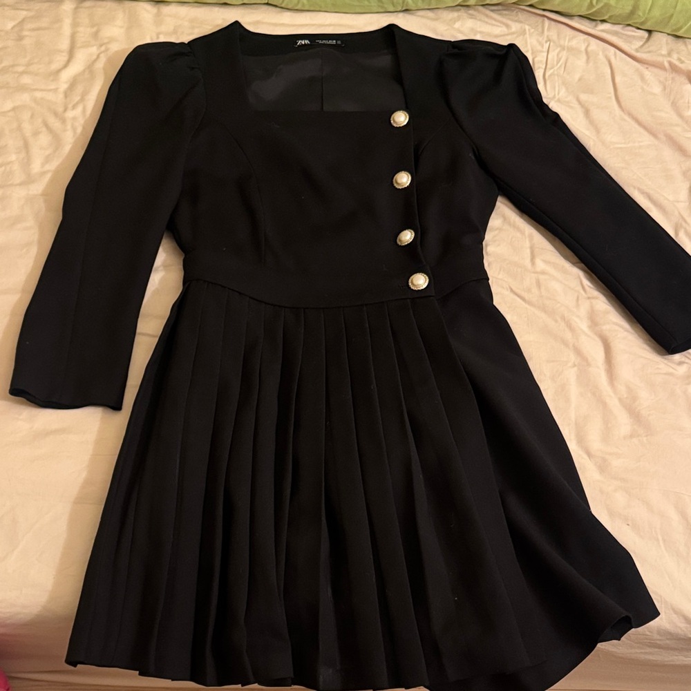 Zara Black Dress with Pleated Skirt and Button Accents